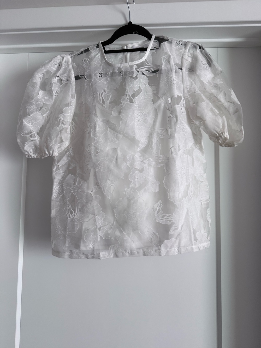 Sheer White Floral Puff-Sleeve Blouse